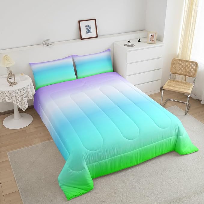 Feelyou Blue Green Ombre Comforter Queen Size, Colorful Gradient Comforter Set for Boys Girls Rainbow Ombre Bedding Set Luxury Modern Duvet Set Decorative Microfiber Bed Set