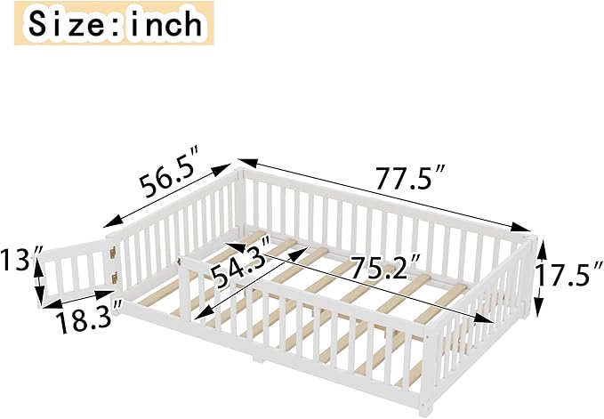 Bellemave Full Size Floor Bed with Rails for Kids, Girls, Boys, Pine,Plywood Floor Bed with slats and Door, White