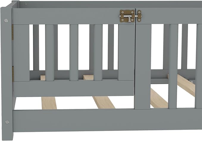 Harper & Bright Designs Twin Floor Bed Frame with Safety High Fence, Wood Montessori Bed with Door, Twin Size Floor Beds with Solid Wood Support Slats for Boys, Girls, Kids, Gray