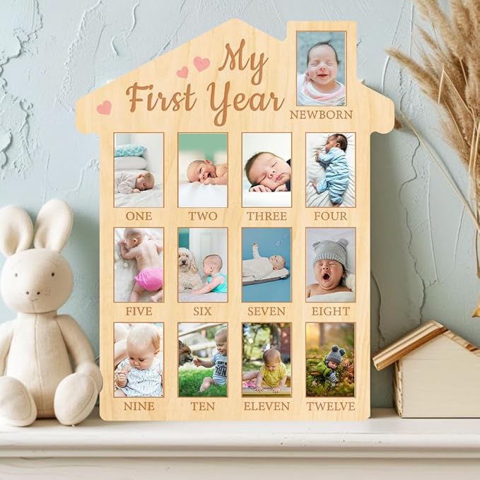 ORIGACH My First Year Baby Growth Photo Display Wood Board - 12 Months Newborn Milestones Photo Board - Neutral Baby Keepsake Frame 1st Birthday Party Nursery Decor New Mom Gift - Pink Heart