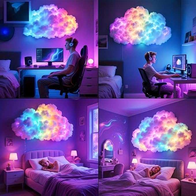 LED Cloud Light with Music Rhythm,DIY USB-Powered Thundercloud LED Light Decor for Bedroom & Gaming Room - USB Powered,Vibrant Glow, No Drill Roof for Christmas/New Year Gifts (13.1ft)