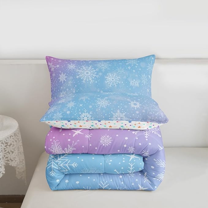 Feelyou Christmas Comforter Set All Season Winter Snowflake Bedding Set with 2 Pillow Cases Blue Purple Gradient Microfiber Kids King Bedclothes Bedroom Decor Duvet Quilt Breathable Soft Lightweight