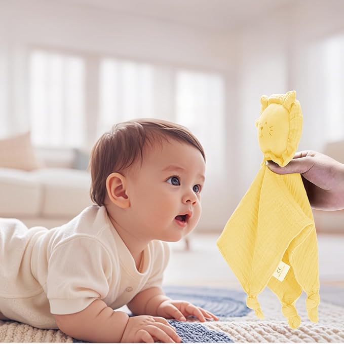 Little Rawr Organic Cotton Muslin Lion Loveys for Babies Baby Security Blanket Baby Snuggle Toy Newborn Essentials Must Haves(Lion-Yellow)