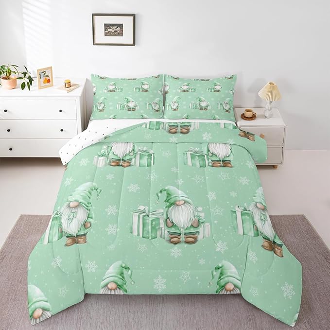 Feelyou Green Christmas Comforter Set All Season Scandinavian Christmas Santa Gnomes Bedding Set with 1 Pillow Cases Xmas Snowflake Kids Twin Bedclothes Bedroom Decor Breathable Soft