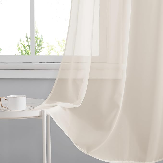 RYB HOME Sheer Curtains 84 Inches Long for Living Room, Light Filtering Grommet Top Solid Color Sheer Window Panels, Lightweight Elegant Curtains for Bedroom, Office, Khaki, W54 x L84, 4 Pieces