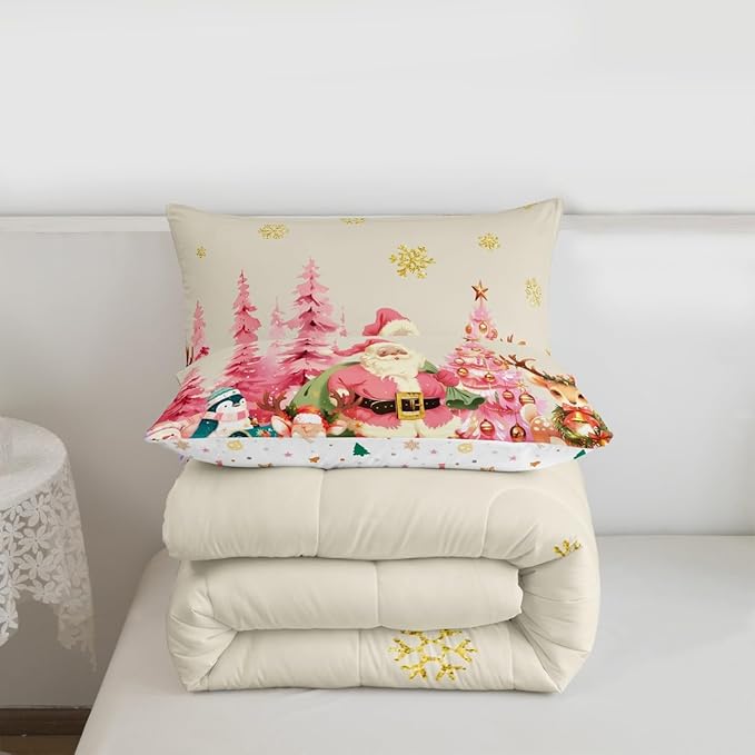 jejeloiu Merry Christmas Comforter Set Toddler Size Santa Claus Bedding Set for Kids Boys Girls Cute Deer Duvet Quilt Beige Bedroom Decor