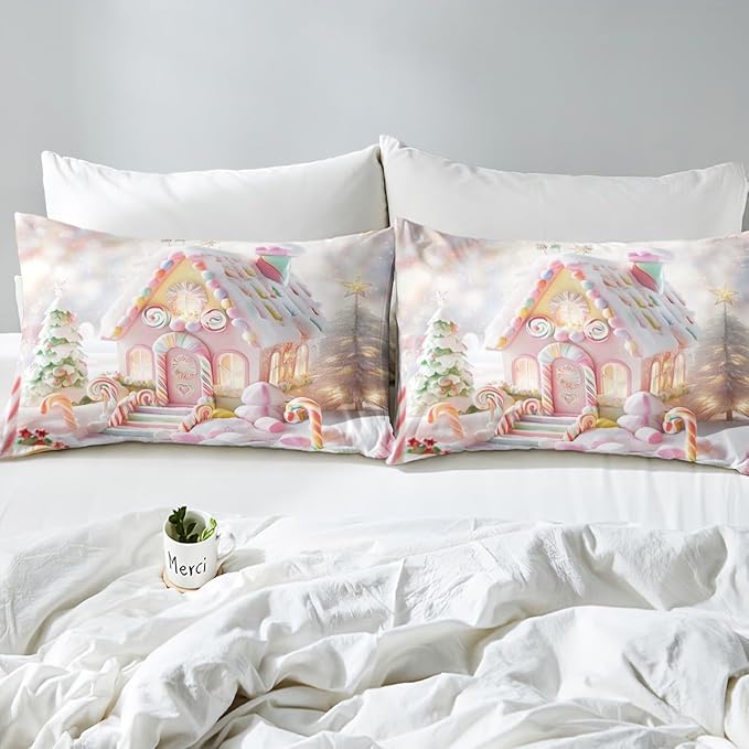 Manfei Christmas Kids Duvet Cover Set King Size, Cute Candy Cabin Xmas Bedding Set for Boys Girls Room Decor, New Year Theme Comforter Cover, Lightweight Bedspread Cover, 2 Pillowcases, No Comforter