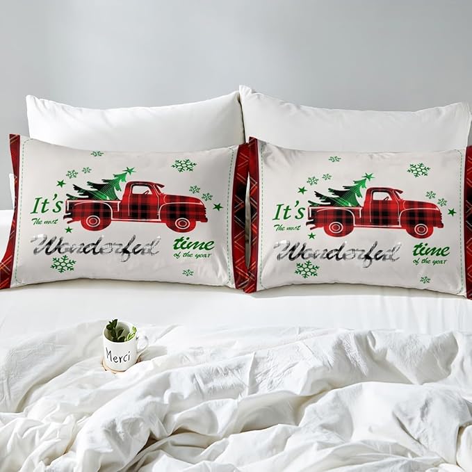 Manfei Xmas Truck Duvet Cover Set Full Size, Christmas Tree Snowflake Print Bedding Set 3pcs for Kids Boys Girls Bedroom Decor, Red Plaid Print Comforter Cover with 2 Pillowcases,No Comforter