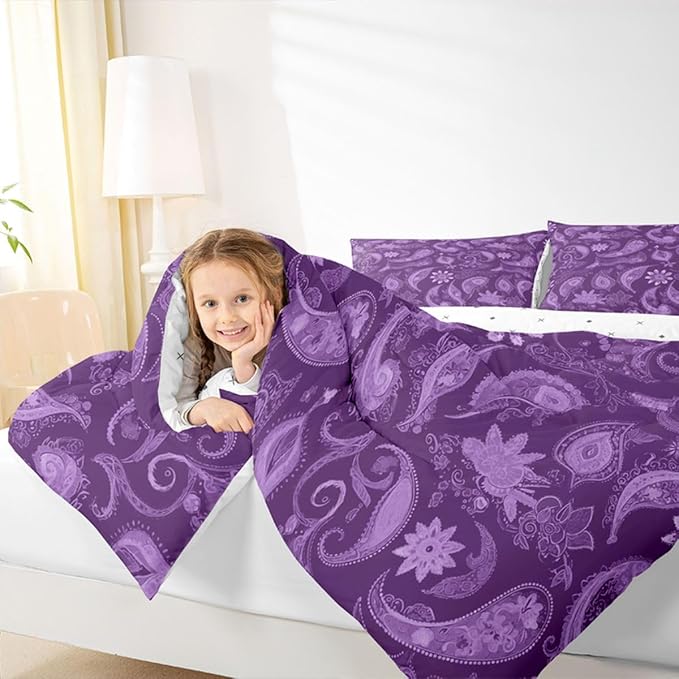 Feelyou Vintage Purple Floral Bedding Set Queen Size, Paisley Floral Comforter Set Boho Floral Comforter for Kids Toddler Paisley Duvet Set Microfiber Bed Set