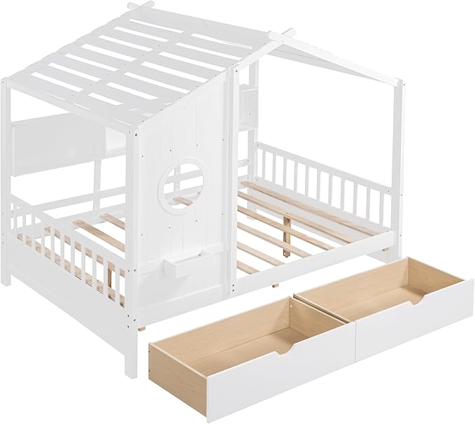 Bellemave Full Size House Bed with 2 Storage Drawers,Full Kids Bed with Storage Shelves,Wooden House Bed Frame for Girls,Boys,Can be Decorated,White