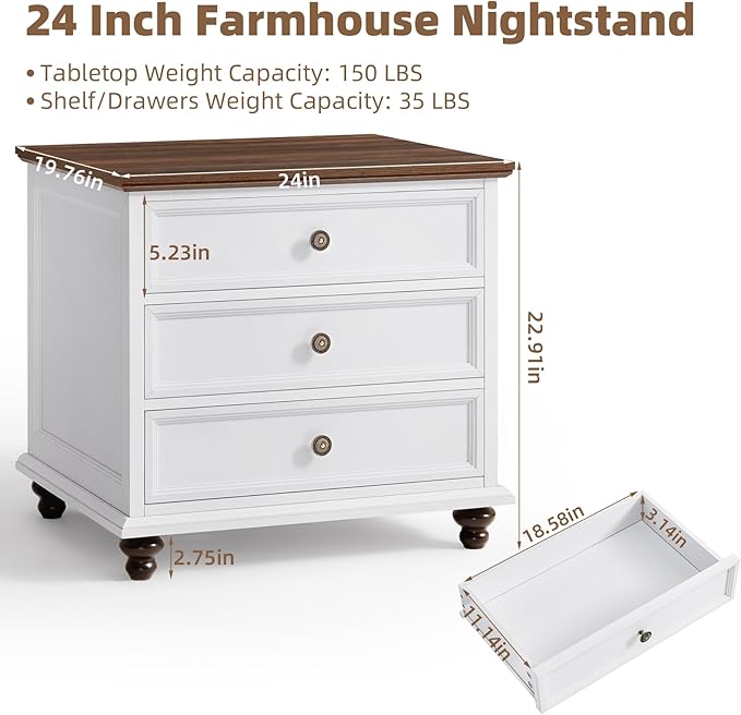 Farmhouse Dresser and Nightstand Sets, Wooden 7 Drawers Dresser & 24" Night Stand with 3 Drawers, 2 Piece Bedroom Furniture Set, Chest of Drawers for Bedroom, Home, Living Room, Hallway