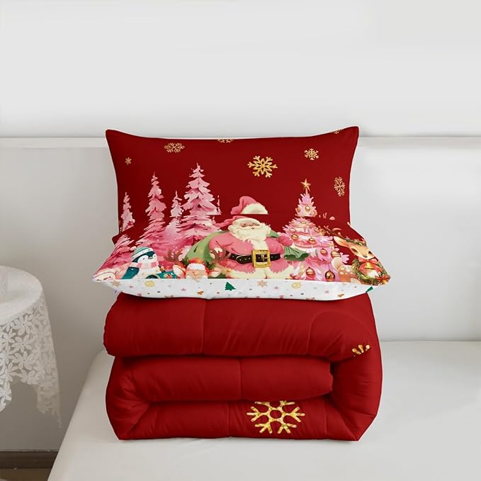 jejeloiu Merry Christmas Comforter Set Toddler Size Santa Claus Bedding Set for Kids Boys Girls Cute Deer Duvet Quilt Red Bedroom Decor