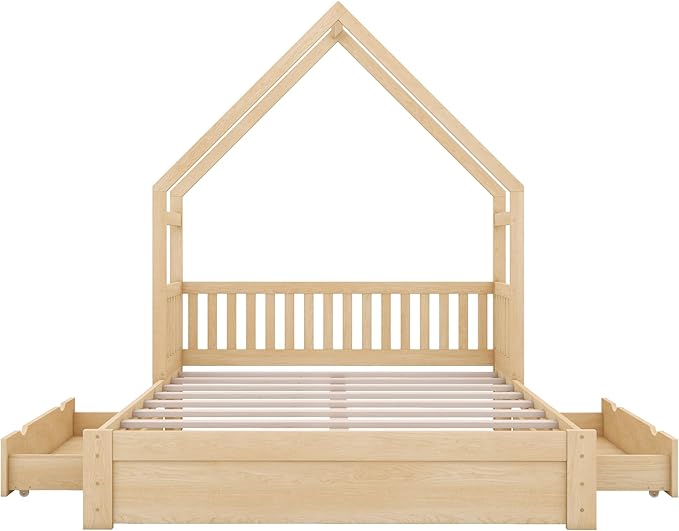 Wood Queen Size House Platform Bed with Safety Fence, Montessori Platform Bed with House Shape Headboard and 2 Drawers for Kids Boys Girls, Sturdy Slats Support (Natural-Q)