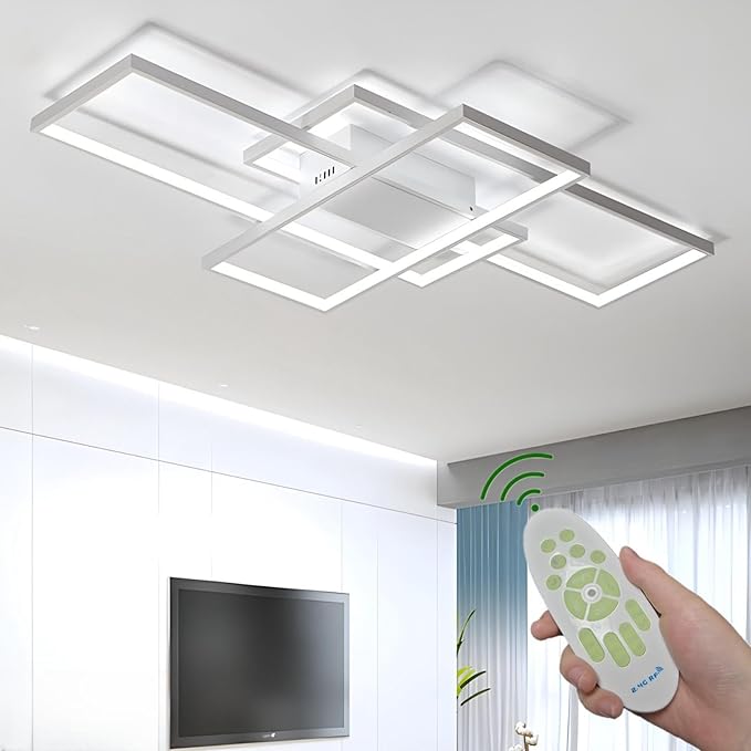 Modern Dimmable LED Ceiling Light Fixture,with Remote Control 3 Color Selectable Flush Mount Ceiling Lamp Ceiling Lights for Sitting Room Kitchen Bedroom(White, 43.3 * 23.6 * 2.5 in)
