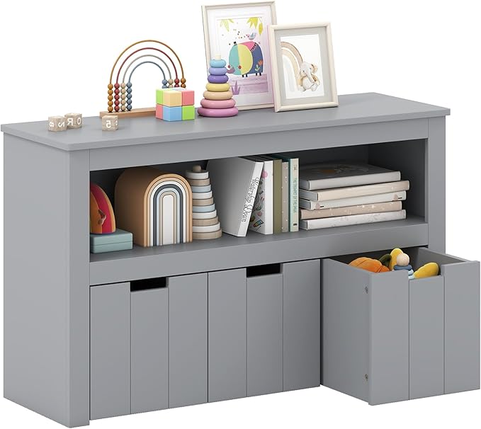 HONEY JOY Kids Toy Storage Organizer, Children Daycare Shelf, 3 Wooden Toy Box w/Wheels, Toddler Classroom Display Cabinet for Playroom, Nursery, Kindergarten (Gray)