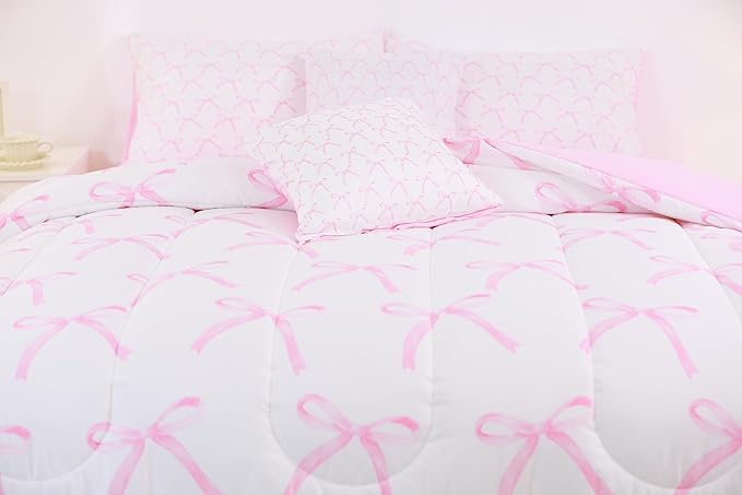 7 Pieces Cartoon Bowknot Kids Comforter Full,Pink Bow Tie Butterfly Knot Princess Bedding Set,Watercolor Bow Patchwork Pink White（Comforter+Fitted+Flat Sheet+2 Pillowcases+2 Throw Pillow Covers）