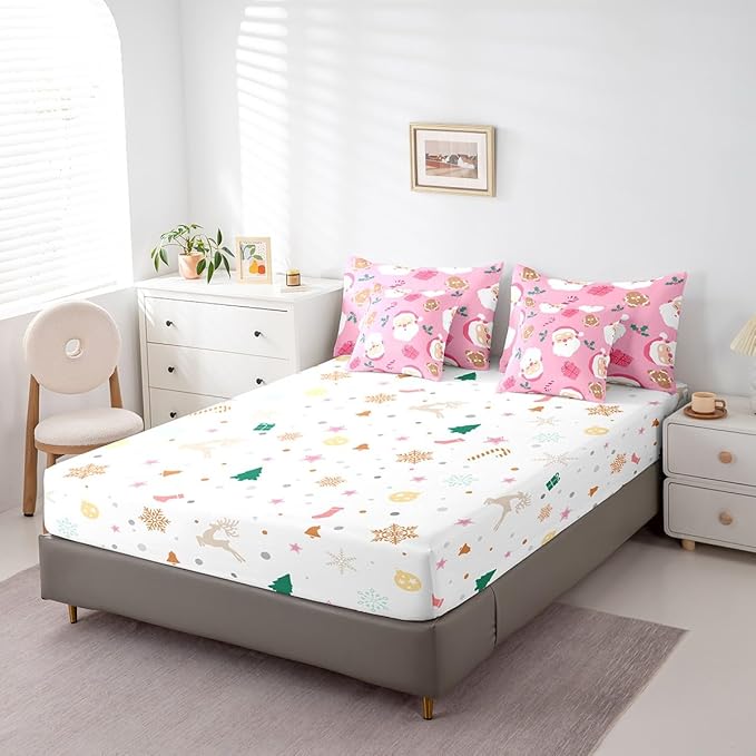 Christmas Gingerbread Man Kids Bedding Set Cartoon Christmas Santa Claus Comforter Set with Sheets for Boys Children Decor Pink Bed in a Bag New Year Bed Set 7Pcs King Size