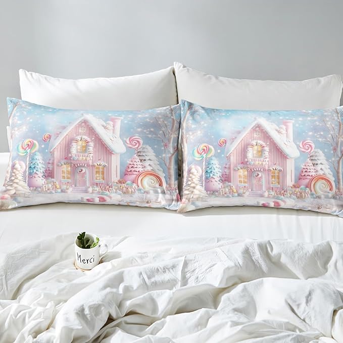 Manfei Christmas Kids Duvet Cover Set Twin Size, Cute Xmas Cabin Trees Bedding Set for Boys Girls Room Decor, New Year Theme Comforter Cover, Lightweight Bedspread Cover, 1 Pillowcase, No Comforter