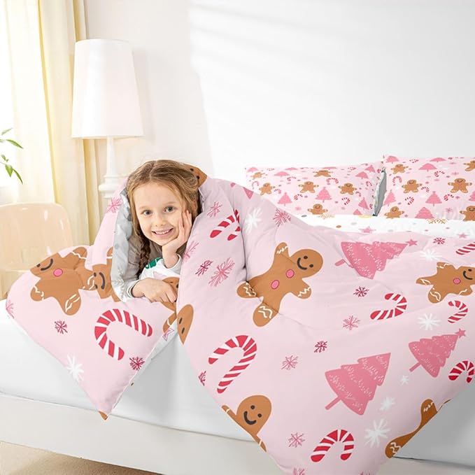 Feelyou Cute Gingerbread Man Comforter Set Pink Christmas Tree Bedding Set with 1 Pillow Cases Candy Cane Kids Toddler Snowflake Room Decor Christmas Duvet Quilt Breathable Soft Lightweight