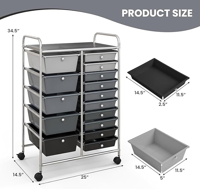 RELAX4LIFE 15-Drawer Storage Drawer Carts - Mobile Rolling Utility Cart w/Wheels, Craft Organizer for Classroom Organization and Storage, School, Office, Home, Storage Organizer Cart (Gradient Black)