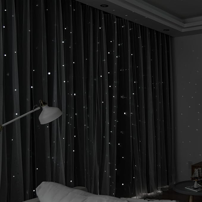 Kinryb Kids Blackout Curtains for Bedroom/Living Room/Classroom, Sheer Overlay 2 Free Tiebacks, Double Layer Curtains with Star Cutout for Kids Room(Each Piece W 70 x L 72 Inches 2 Pcs Black)