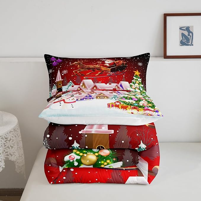 Manfei Christmas Comforter Set King Size, Snowman Xmas Tree Bedding Set 3pcs for Kids Boys Girls Room Decor, Santa Claus with Reindeer Quilt Set New Year Theme Duvet Set with 2 Pillowcases