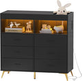 Dresser for Bedroom with LED Lights and Power Outlet, Baby Changing Table Dresser with 6 Drawers, 2 Open Storage Shelves, Baby Diaper Station with Changing Table Top (Black)