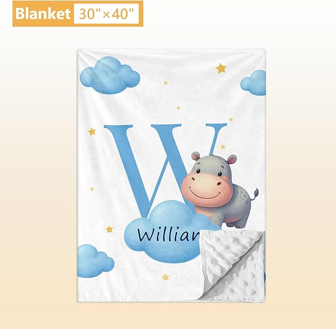 Custom Crib Bedding Set, 5 Pcs Personalized Name Baby Crib Sets for Newborns Infants Toddlers, Blue Hippo Nursery Bedding Set for Boys Girls, Double Layer Baby Bedding Sets Customized Gifts