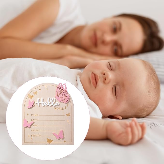 Hello World Newborn Sign, 5.83 × 6.97 Inch Pink Butterfly Baby Announcement Sign Wooden Birth Welcome Board for Newborn Boys Girls Photo Props Baby Shower Hospital Nursery