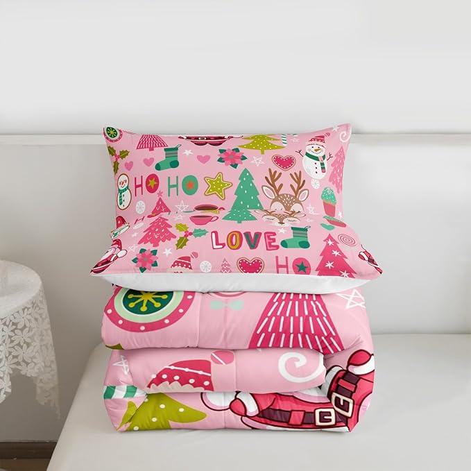 Manfei Xmas Pink Comforter Set King Size, Santa Claus Snowman Deer Trees Bedding Set 3pcs for Kids Girls Adults Room Decor, Christmas Theme Down Comforter New Year Quilt Set with 2 Pillowcases