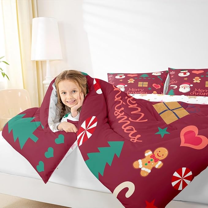 Feelyou Merry Christmas Comforter Set All Season Santa Claus Snowman Bedding Set with 2 Pillow Cases Gingerbread Man Microfiber Kids Full Bedclothes Xmas Tree Deer Bedroom Decor Duvet Quilt Soft