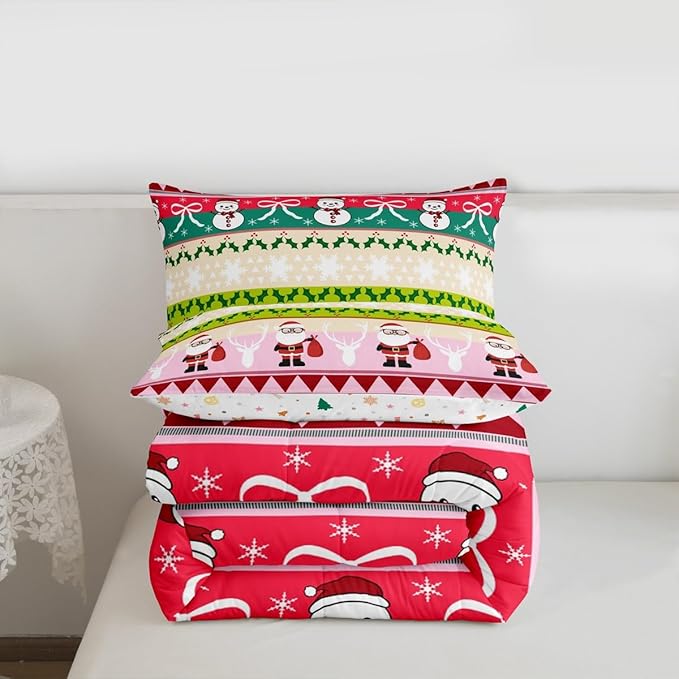 Feelyou Merry Christmas Tree Bedding Set Soft for Boys Girls, Cute Snowman Comforter Set Queen Size Santa Claus Duvet Quilt Microfiber Cartoon Bowknot Bedroom Decor 3 Pcs with 2 Pillow Cases