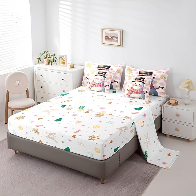 Feelyou Kids Merry Christmas Decorations Queen Size Bed Set Xmas Snowman Bed in a Bag Pink Bedding Set Soft Warm Lightweight Comforter Set with Sheets