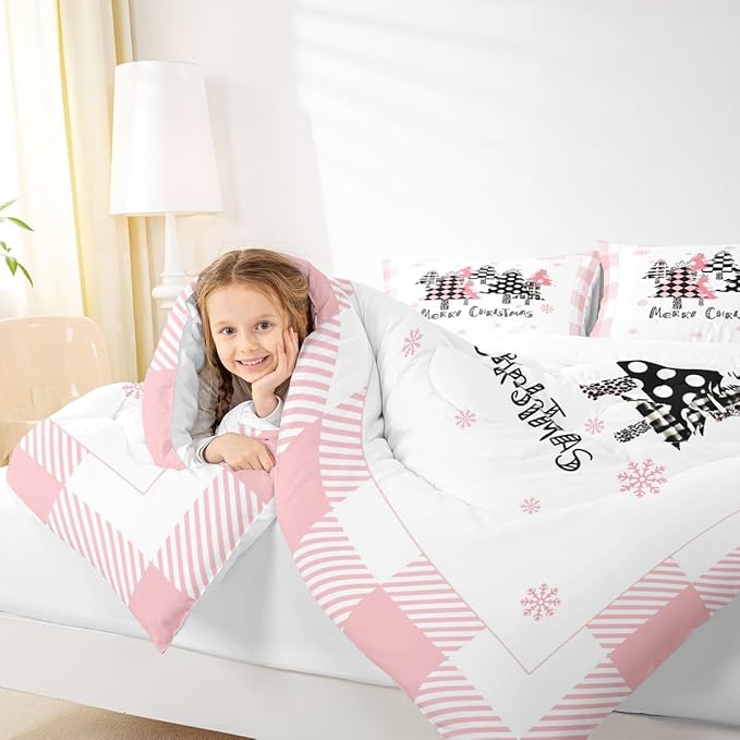 Manfei Merry Christmas Comforter Set Queen Size, Pink Plaid Xmas Trees Bedding Set 3pcs, New Year Cartoon Down Comforter for All Season, Kids Girls Santa Claus Bedroom Decor, 2 Pillowcases, No Sheets