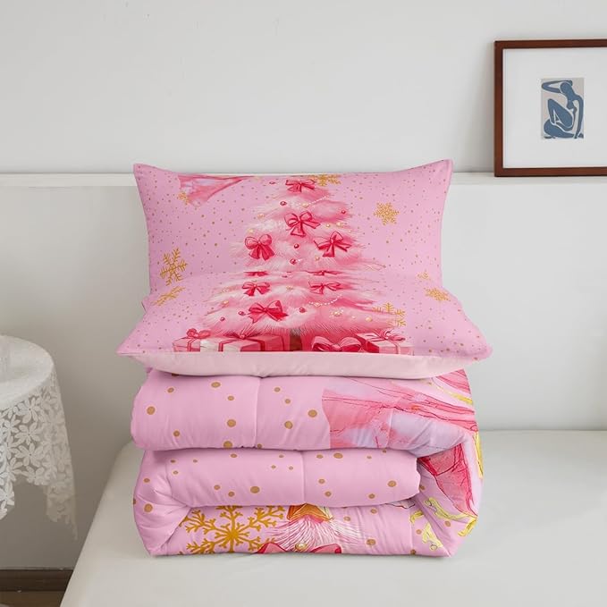 Erosebridal Xmas Tree Queen Bedding Sets Merry Christmas Queen Comforter Set for Kids Boys Girls Teens Snowflake Decorations Down Comforter Princess Bow Pink Decor Duvet Insert