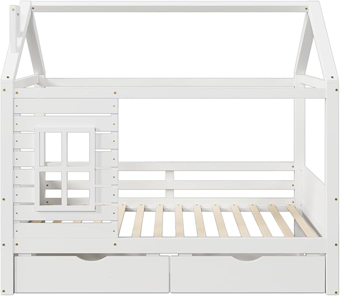 Twin Size Kids House Bed with 2 Storage Drawers, Twin House Bed Frame with Roof and Window, Twin Bed Frames for Kids with Slats, Modern Wooden Montessori Bed for Bedroom, White