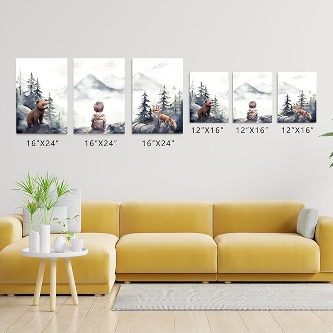 Baby Boy with Animals Adventure Nursery Decor, Adventure Toddler Decor, Watercolor Woodland Forest Nursery Wall Decor for Boy's Bedroom, Outdoor Children's Room Decor Print, Framed Set of 3, 16"x24"