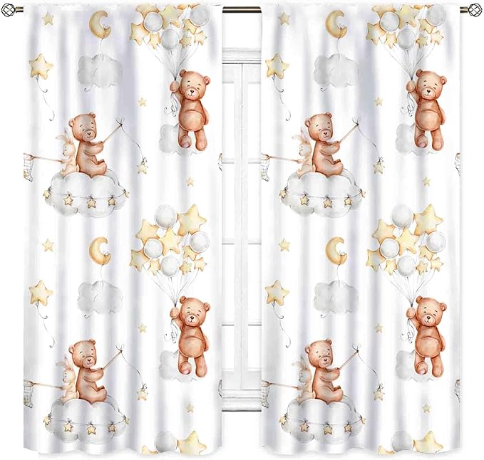 Cartoon Bear Curtains, Kids Boys Girls Cute Lovely Bear Star Cloud Ballon Pastel Window for Baby Living Room Bedroom Nursey Toddler Classroom 2 Panels, 42"x45" Inch