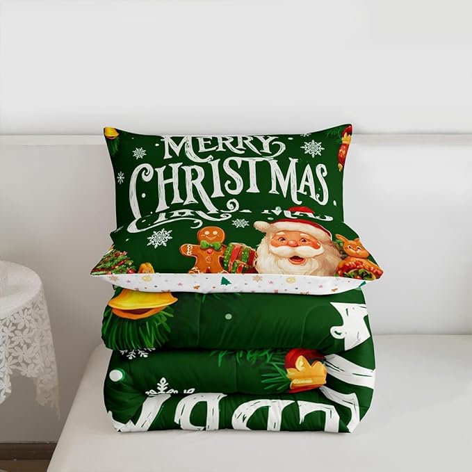 Feelyou Green Christmas Comforter Set All Season Santa Claus Bedding Set with 1 Pillow Cases Gingerbread Microfiber Kids Toddler Bedclothes Bedroom Decor Duvet Quilt Breathable Soft