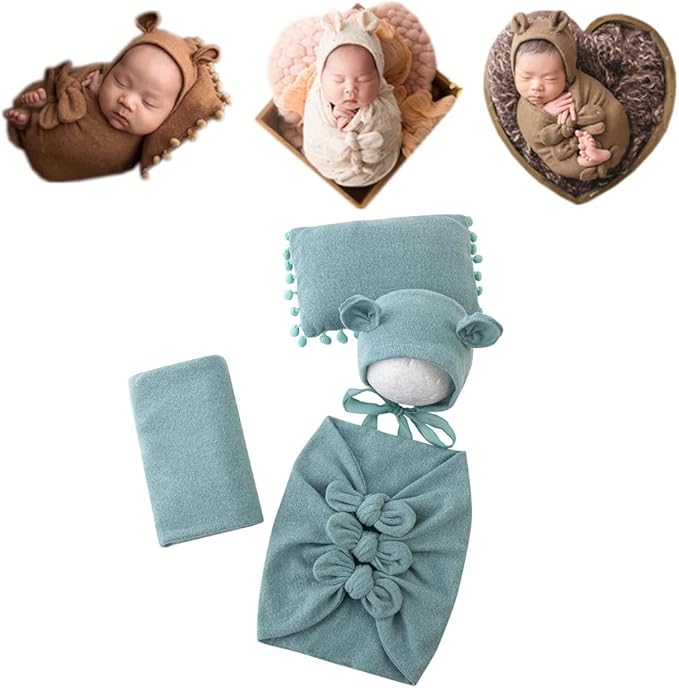 Vemonllas Newborn Baby Boy Girl Photography Props Bow Wrap, Posing Aid, Hat and Blanket Set of 4 Pcs