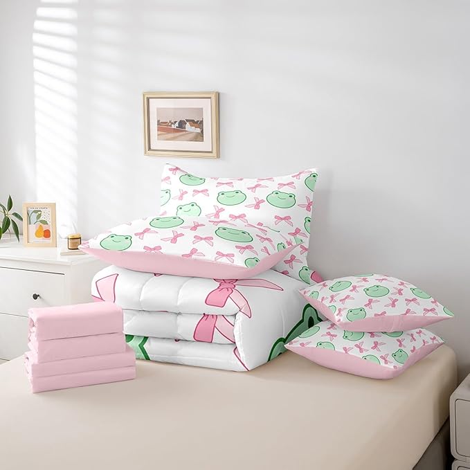 7 Pieces Pink Bowknot Comforter Set Twin,Cartoon Frog Bow Tie Butterfly Knot Princess Bedding Set,Geometric Patchwork Cute Sweet（Comforter+Fitted+Flat Sheet+2 Pillowcases+2 Throw Pillow Covers）
