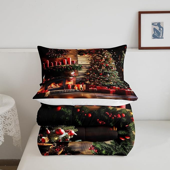 Merry Christmas Comforter Set Queen Size, 3D Fireplace Tree Bedding Set for Kids Boys Girls Room Decor, Xmas Theme Duvet Insert 3Pcs, Retro Wooden Stripes Quilt Set, 2 Pillowcases