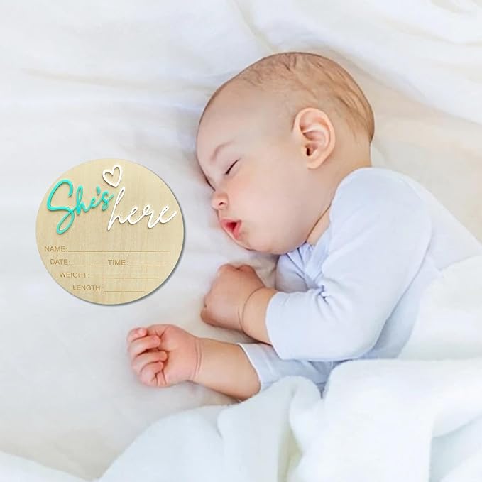 Baby Announcement Sign, 5.9 Inch Wooden Hello World Newborn Signs, Birth Announcement Sign, Gender Reveal Signs, She's here Decoration, Welcome Newborn Arrival To World, Hospital Nursery for Baby (Green She's)