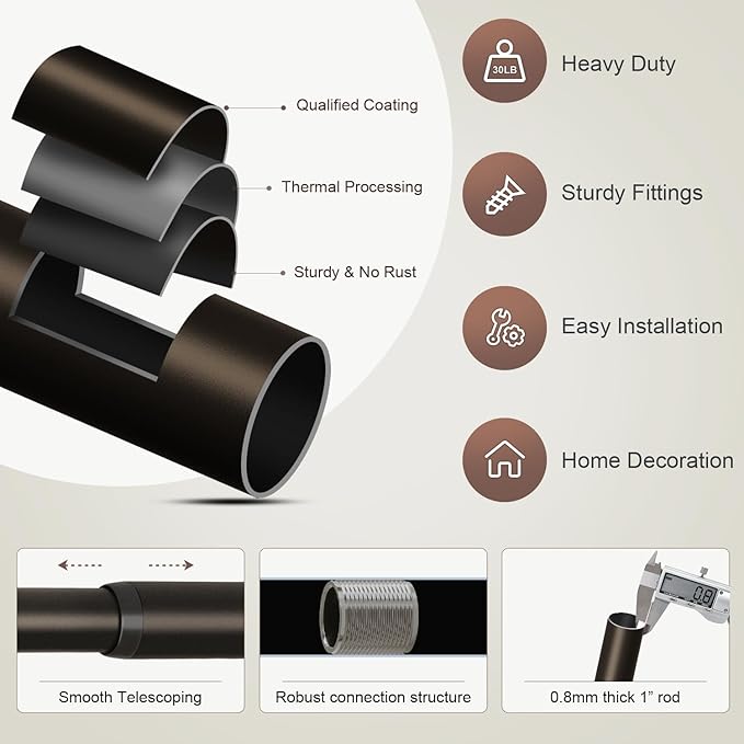 2 Pack Modern Brown Curtain Rods Set for Windows 28 to 48 Inches Adjustable Length Heavy Duty 1" Diameter Window Curtain Rod with Decorative Finials for Outdoor Bedroom Kitchen Living Room