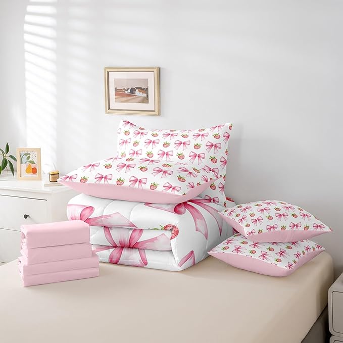 7 Pieces Pink Bowknot Kids Comforter King,Strawberry Summer Fruit Toddler Bedding Set,Bow Tie Butterfly Knot Princess Cartoon Cute（Comforter+Fitted+Flat Sheet+2 Pillowcases+2 Throw Pillow Covers）