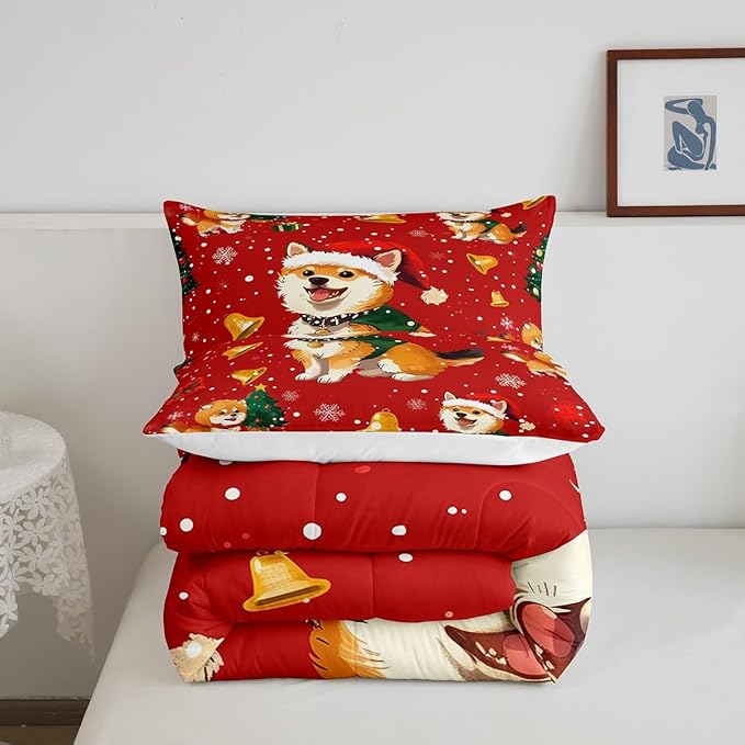Cartoon Dog Comforter Set Queen Size,Bell Christmas Tree Star Snowflake Bedding Set for Kids Boys Girls Room Decor,Cute Corgi Xmas Theme Duvet Insert 3Pcs,Merry Christmas Red Quilt Set,2 Pillowcases