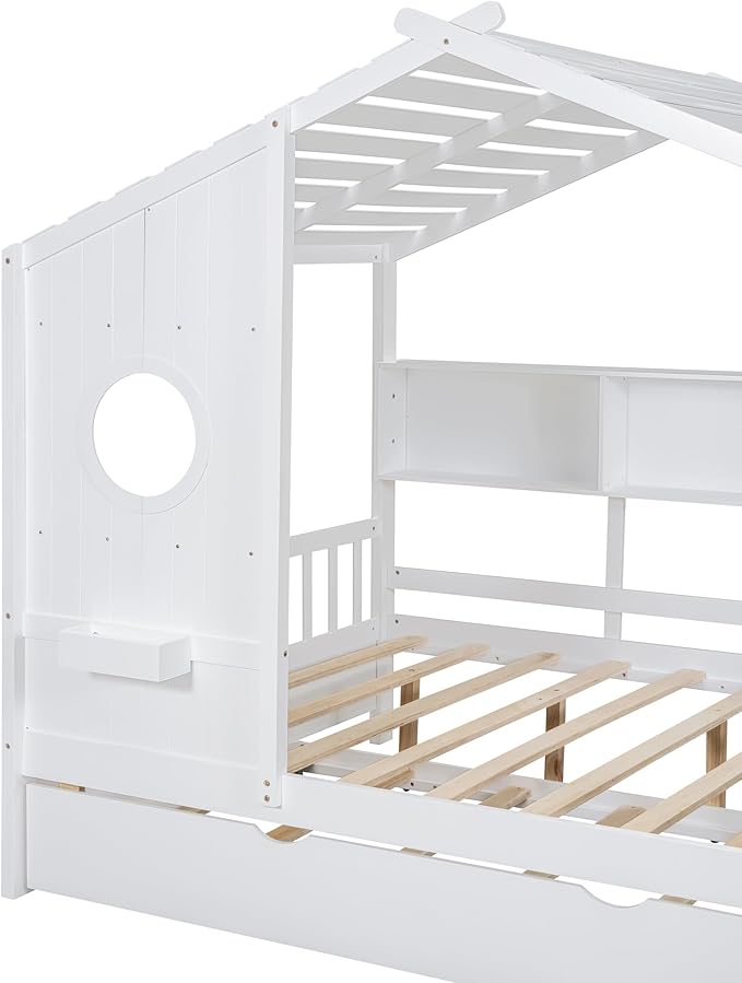 Full Size House Bed with Roof and Window for Kids, Wooden Playhouse Bed with Storage Shelves and Trundle for Bedroom Furniture Girls & Boys (White/T2)