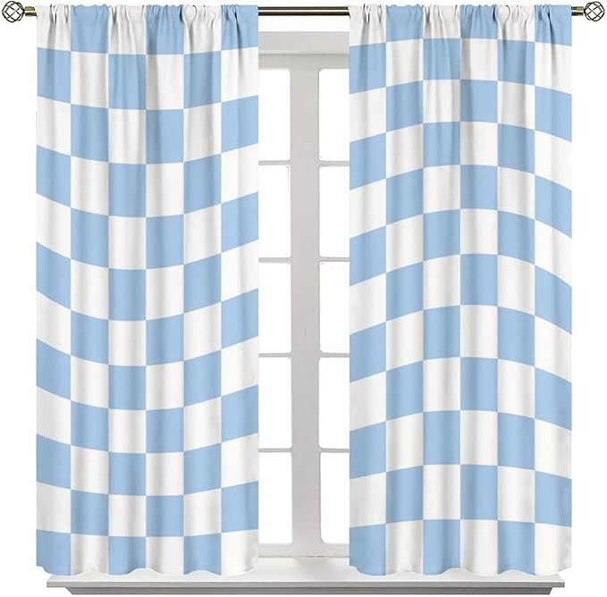 Blue Checkered Curtains,70s Vintage Twisted Checkered Window Drapes Colorful Groovy Trendy Wavy Hippie Grid Print Window Treatments for Kids Girls Bedroom Living Room 72" W X 63" L