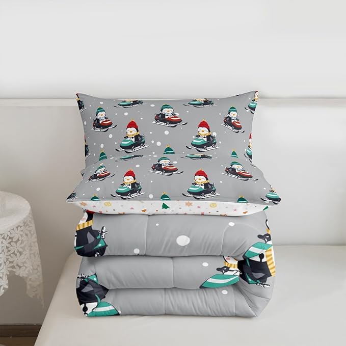 Feelyou Christmas Comforter Set All Season Gray Penguin Bedding Set with 2 Pillow Cases Cartoon Penguin Skiing Microfiber Kids King Bedclothes Snowflake Bedroom Decor Duvet Quilt Breathable Soft