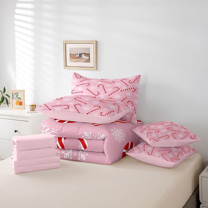 Erosebridal Xmas Candy Cane King Bedding Set 7 Piece,Merry Christmas Bed in A Bag for Kids Boys Girls,White Snowflake Comforter Set Pink Christmas Ornaments Sheet Set with Comforter
